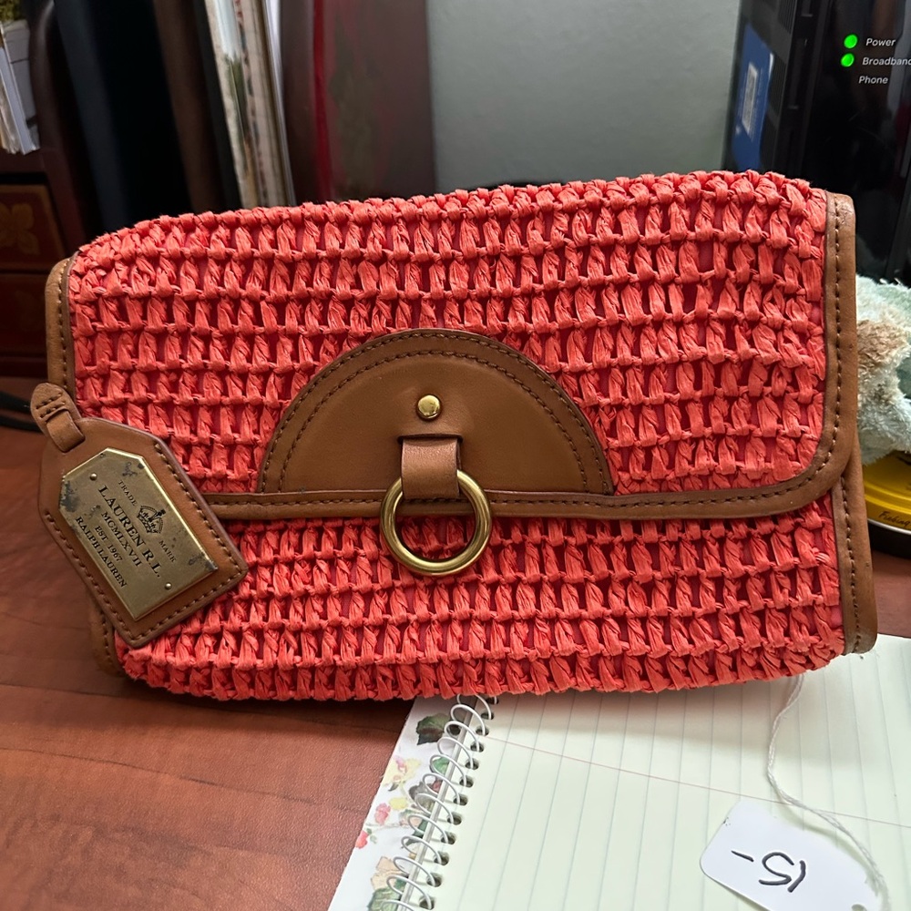 Vintage Ralph Lauren Coral Woven Clutch with Leather Trim Accents